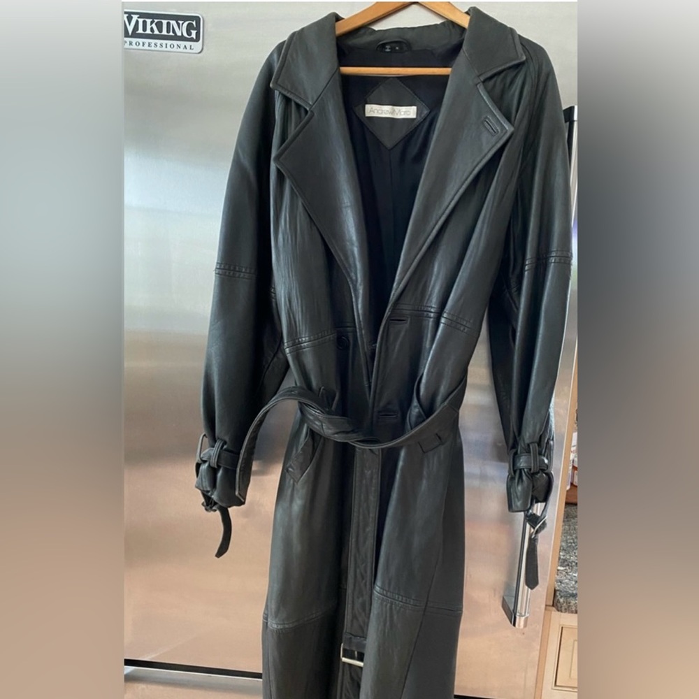 Vintage Andrew Marc Black Leather Trench Coat Size Medium